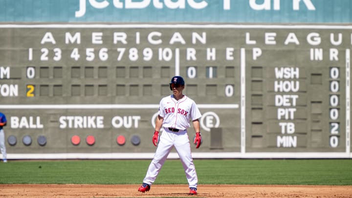 Mar 2, 2025; Fort Myers, Florida, USA; Boston Red Sox Masataka Yoshida (7) on second base after hitting a ground-rule double on a line drive to right field in the first inning of their game with the New York Mets at JetBlue Park at Fenway South. Mandatory Credit: Chris Tilley-Imagn Images Mar 2, 2025; Fort Myers, Florida, USA; Boston Red Sox Masataka Yoshida (7) on second base after hitting a ground-rule double on a line drive to right field in the first inning of their game with the New York Mets at JetBlue Park at Fenway South. Mandatory Credit: Chris Tilley-Imagn Images