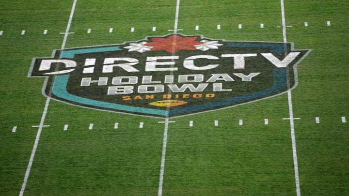 Dec 27, 2023; San Diego, CA, USA; The DirecTV Holiday Bowl logo on the football field at Petco Park. Mandatory Credit: Kirby Lee-Imagn Images