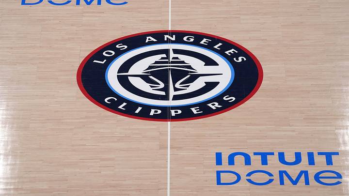 The LA Clippers logo at midcourt. The LA Clippers logo at midcourt.