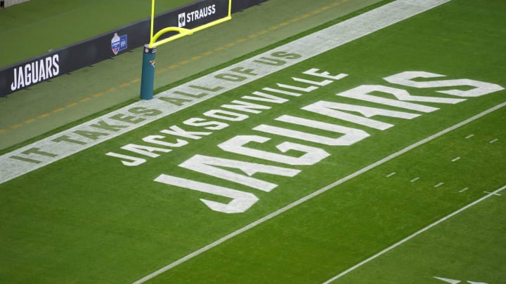Oct 1, 2023; London, United Kingdom;The Jacksonville Jaguars logo in the end zone during an NFL International Series game at Wembley Stadium. Mandatory Credit: Kirby Lee-USA TODAY Sports