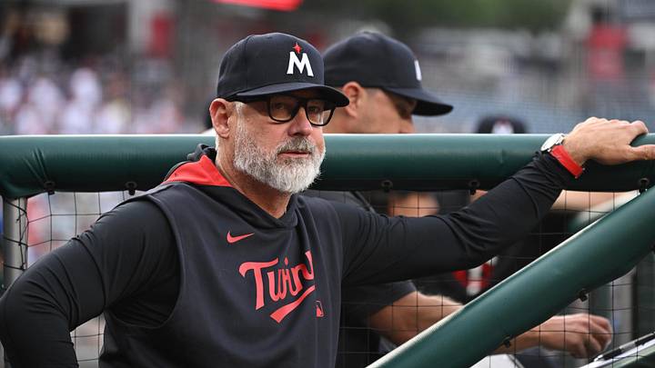 May 5, 2026; Washington, District of Columbia, USA;  Minnesota Twins manager Derek Shelton (8) looks out form the dugout against the Washington Nationals during the first inning at Nationals Park. Mandatory Credit: Rafael Suanes-Imagn Images