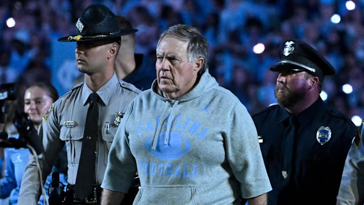 Sep 1, 2025; Chapel Hill, North Carolina, USA; North Carolina Tar Heels head coach Bill Belichick walks on to the field before the game at Kenan Stadium. Mandatory Credit: Bob Donnan-Imagn Images