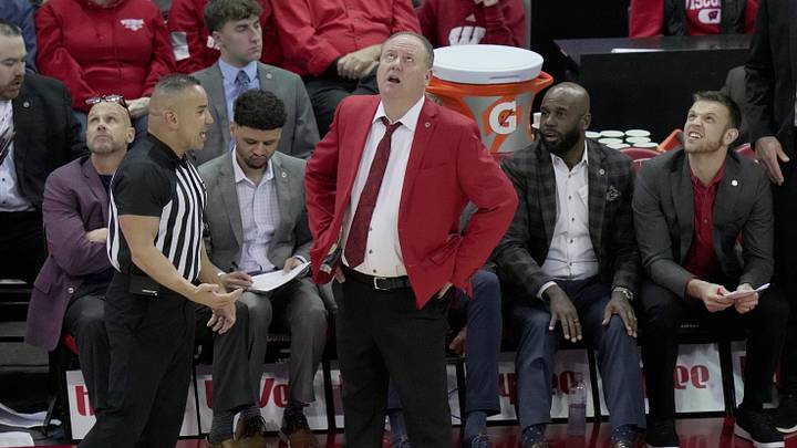 Wisconsin head coach Greg Gard watches a replay during the first half of their game against Rutgers Saturday, January 17, 2026 at the Kohl Center in Madison, Wisconsin.