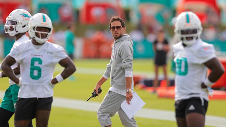 Miami Dolphins head coach Mike McDaniel looks on during training camp at Baptist Health Training Complex. 