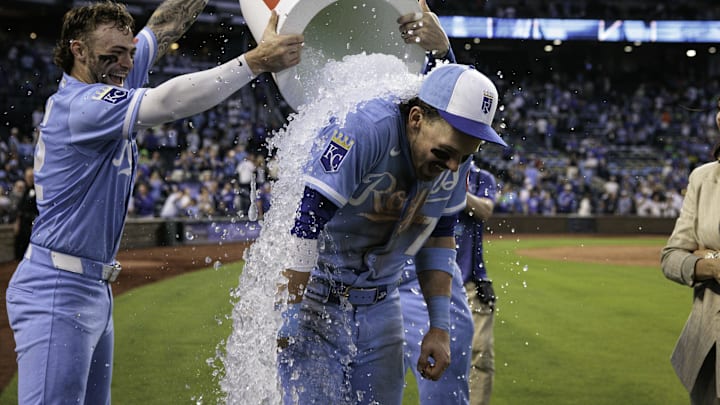 May 9, 2026; Kansas City, Missouri, USA; Kansas City Royals catcher Carter Jensen (22) dumps water on shortstop Bobby Witt Jr. (7) after the game against the Detroit Tigers at Kauffman Stadium. Mandatory Credit: William Purnell-Imagn Images