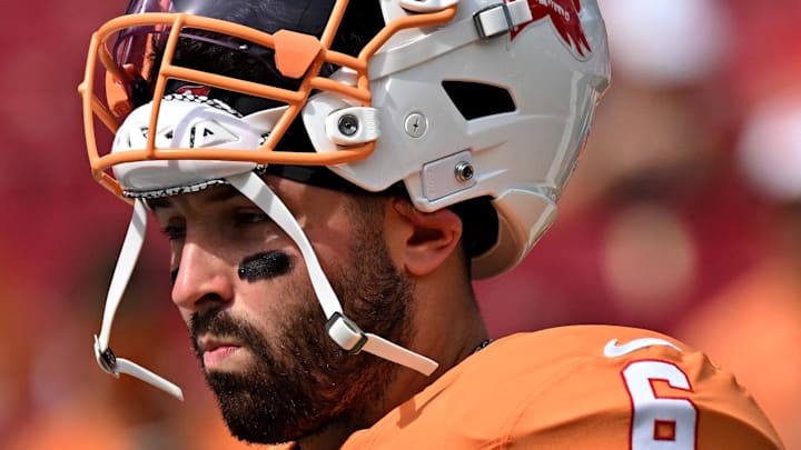 Oct 27, 2024; Tampa, Florida, USA; Tampa Bay Buccaneers quarterback Baker Mayfield (6)prepares to warm up before the start of the game against the Atlanta Falcons at Raymond James Stadium. Mandatory Credit: Jonathan Dyer-Imagn Images Oct 27, 2024; Tampa, Florida, USA; Tampa Bay Buccaneers quarterback Baker Mayfield (6)prepares to warm up before the start of the game against the Atlanta Falcons at Raymond James Stadium. Mandatory Credit: Jonathan Dyer-Imagn Images