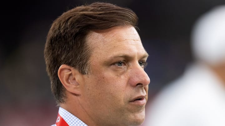Aug 9, 2025; Glendale, Arizona, USA; Kansas City Chiefs general manager Brett Veach against the Arizona Cardinals during a preseason NFL game at State Farm Stadium. Mandatory Credit: Mark J. Rebilas-Imagn Images