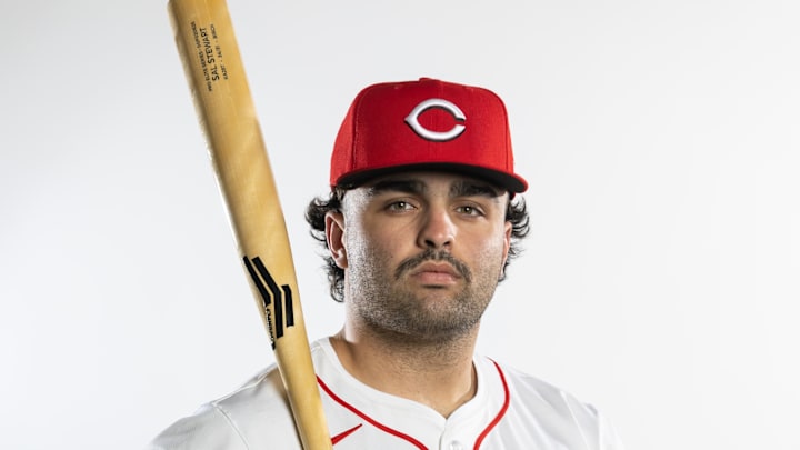 Feb 18, 2025; Goodyear, AZ, USA; Cincinnati Reds infielder Sal Stewart poses for a portrait during Media Day at the Cincinnati Reds Development Complex. Mandatory Credit: Mark J. Rebilas-Imagn Images