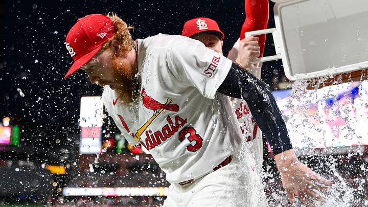 Jun 15, 2026; St. Louis, Missouri, USA; St. Louis Cardinals starting pitcher Dustin May (3) is doused with water by center fielder Nathan Church (27) and shortstop Masyn Winn (0) after throwing a complete game one hitter against the San Diego Padres at Busch Stadium. Mandatory Credit: Jeff Curry-Imagn Images Jun 15, 2026; St. Louis, Missouri, USA; St. Louis Cardinals starting pitcher Dustin May (3) is doused with water by center fielder Nathan Church (27) and shortstop Masyn Winn (0) after throwing a complete game one hitter against the San Diego Padres at Busch Stadium. Mandatory Credit: Jeff Curry-Imagn Images