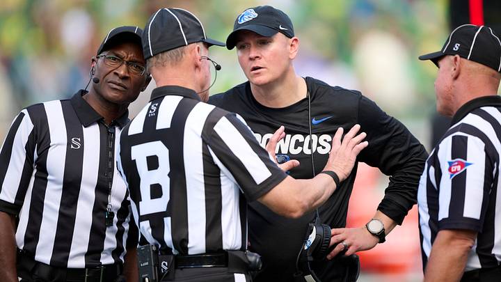 Boise State head coach Spencer Danielson talks with officials during the second half of the Oregon game. Boise State head coach Spencer Danielson talks with officials during the second half of the Oregon game.