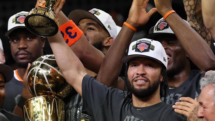 Jun 13, 2026; San Antonio, Texas, USA; New York Knicks guard Jalen Brunson holds the Finals MVP trophy during the championship celebration after game five of the 2026 NBA Finals against the San Antonio Spurs at Frost Bank Center. Mandatory Credit: Geoff Burke-Imagn Images Jun 13, 2026; San Antonio, Texas, USA; New York Knicks guard Jalen Brunson holds the Finals MVP trophy during the championship celebration after game five of the 2026 NBA Finals against the San Antonio Spurs at Frost Bank Center. Mandatory Credit: Geoff Burke-Imagn Images