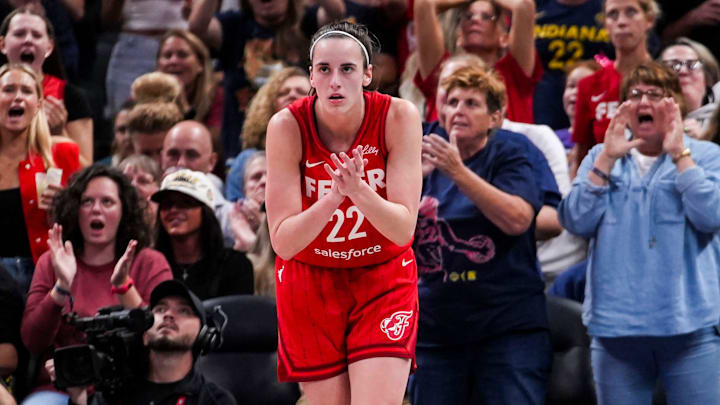 Indiana Fever guard Caitlin Clark (22) celebrates while on defense Friday, Sept. 13, 2024, during a game between the Indiana Fever and the Las Vegas Aces on Friday, Sept. 13, 2024, at Gainbridge Fieldhouse in Indianapolis. The Aces defeated the Fever, 78-74.