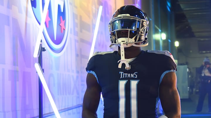 Jan 22, 2022; Nashville, Tennessee, USA; Tennessee Titans wide receiver A.J. Brown (11) takes the field before the game against the Cincinnati Bengals during a AFC Divisional playoff football game at Nissan Stadium. Mandatory Credit: Christopher Hanewinckel-Imagn Images Jan 22, 2022; Nashville, Tennessee, USA; Tennessee Titans wide receiver A.J. Brown (11) takes the field before the game against the Cincinnati Bengals during a AFC Divisional playoff football game at Nissan Stadium. Mandatory Credit: Christopher Hanewinckel-Imagn Images
