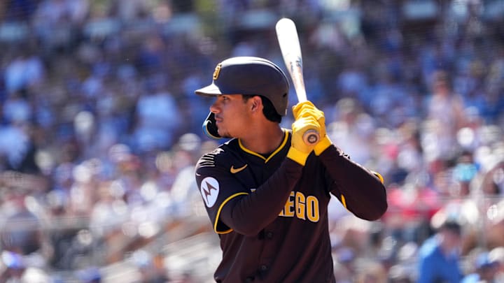 Feb 23, 2025; Phoenix, Arizona, USA; San Diego Padres catcher Ethan Salas (90) bats against the Los Angeles Dodgers during the second inning at Camelback Ranch-Glendale. Mandatory Credit: Joe Camporeale-Imagn Images