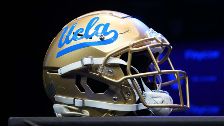 Jul 29, 2022; Los Angeles, CA, USA; A detailed view of UCLA Bruins helmet during Pac-12 Media Day at Novo Theater. Mandatory Credit: Kirby Lee-Imagn Images Jul 29, 2022; Los Angeles, CA, USA; A detailed view of UCLA Bruins helmet during Pac-12 Media Day at Novo Theater. Mandatory Credit: Kirby Lee-Imagn Images