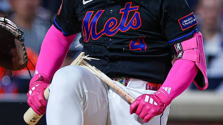 Jun 24, 2026; New York City, New York, USA;  New York Mets catcher Francisco Alvarez (4) breaks his bat over his knee after striking out to end the eighth inning against the Chicago Cubs at Citi Field. Mandatory Credit: Vincent Carchietta-Imagn Images