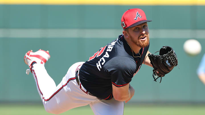 Mar 2, 2025; North Port, Florida, USA; Atlanta Braves pitcher Spencer Schwellenbach (56) throws a pitch during the fourth inning against the New York Yankees  at CoolToday Park. Mandatory Credit: Kim Klement Neitzel-Imagn Images