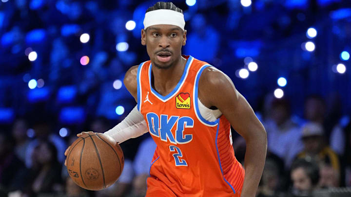 Dec 17, 2024; Las Vegas, Nevada, USA; Oklahoma City Thunder guard Shai Gilgeous-Alexander (2) dribbles during the 1st quarter against the Milwaukee Bucks in the Emirates NBA Cup championship game at T-Mobile Arena. Mandatory Credit: Kyle Terada-Imagn Images