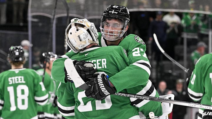 Mar 24, 2025; Dallas, Texas, USA; Dallas Stars goaltender Jake Oettinger (29) and Dallas Stars left wing Mason Marchment (27) celebrate the win over the Minnesota Wild at the American Airlines Center. Mandatory Credit: Jerome Miron-Imagn Images