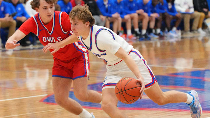 Wisconsin Lutheran's Riley Walz (2) breaks past Slinger's Brett Palm (22) during a non-conference game Dec. 9, 2025. 