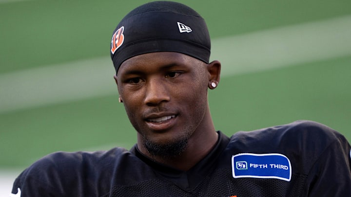 Cincinnati Bengals wide receiver Tee Higgins (5) stands on the field during Bengals Camp practice at Paycor Stadium in Cincinnati on Aug. 2, 2025.