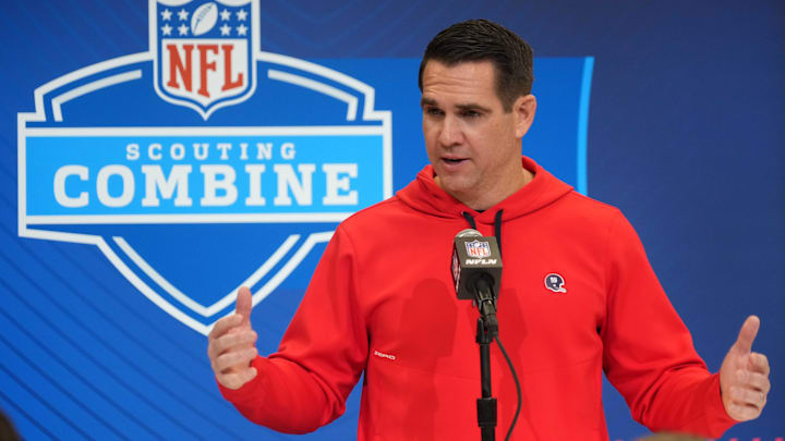 Feb 25, 2025; Indianapolis, IN, USA; New York Giants general manager Joe Schoen speaks during the NFL Scouting Combine at the Indiana Convention Center. Mandatory Credit: Kirby Lee-Imagn Images