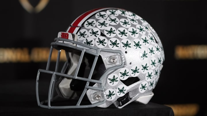 Jan 19, 2025; Atlanta, GA, USA; An Ohio State Buckeyes helmet at College Football Playoff National Championship press conference at The Westin Peachtree Plaza, Savannah Ballroom. Mandatory Credit: Kirby Lee-Imagn Images