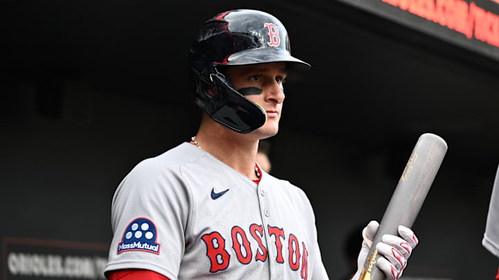 Aug 26, 2025; Baltimore, Maryland, USA; Boston Red Sox outfielder Roman Anthony (19) stands in the dugout before the game between the Baltimore Orioles and the Boston Red Sox at Oriole Park at Camden Yards. Mandatory Credit: James A. Pittman-Imagn Images