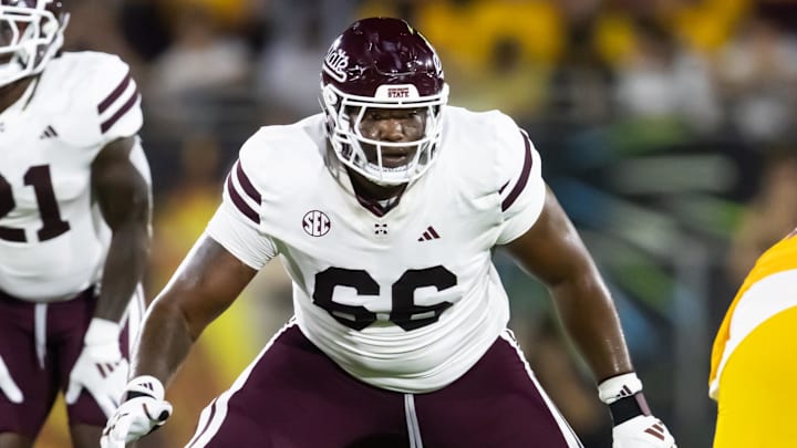 Sep 7, 2024; Tempe, Arizona, USA; Mississippi State Bulldogs offensive lineman Makylan Pounders (66) against the Arizona State Sun Devils at Mountain America Stadium. Mandatory Credit: Mark J. Rebilas-Imagn Images