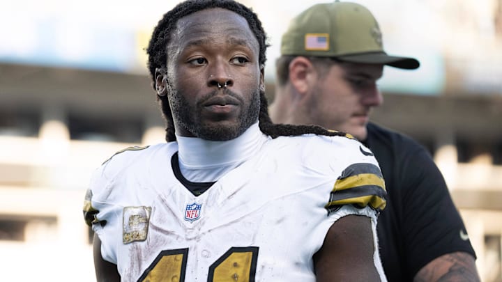 Nov 9, 2025; Charlotte, North Carolina, USA; New Orleans Saints running back Alvin Kamara (41) walks off the field after the game at Bank of America Stadium. Mandatory Credit: Bob Donnan-Imagn Images