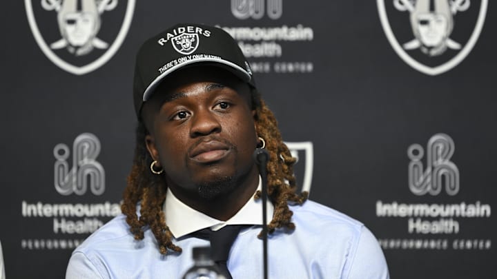 Apr 25, 2025; Henderson, NV, USA; Las Vegas Raiders first round draft pick in the 2025 NFL Draft Ashton Jeanty, speaks to the media at Intermountain Health Performance Center. Mandatory Credit: Candice Ward-Imagn Images
