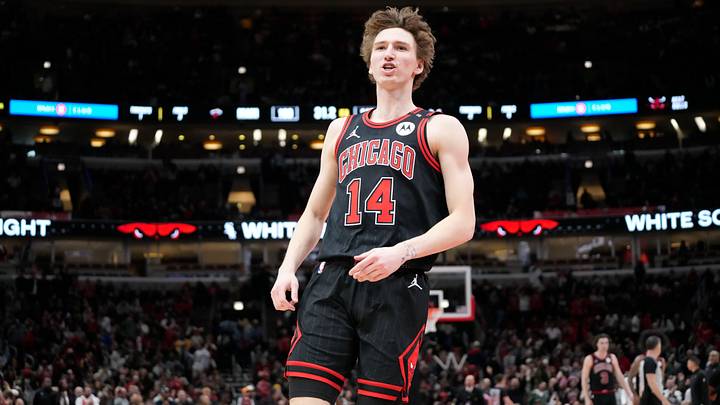 Apr 9, 2025; Chicago, Illinois, USA; Chicago Bulls forward Matas Buzelis (14) celebrates his three point basket against the Miami Heat during the second half at United Center. Mandatory Credit: David Banks-Imagn Images Apr 9, 2025; Chicago, Illinois, USA; Chicago Bulls forward Matas Buzelis (14) celebrates his three point basket against the Miami Heat during the second half at United Center. Mandatory Credit: David Banks-Imagn Images