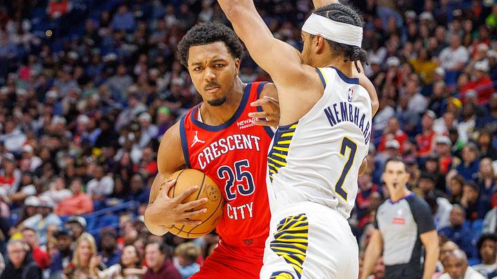 Oct 21, 2026; New Orleans, Louisiana, USA;  New Orleans Pelicans forward Trey Murphy III (25) dribbles against Indiana Pacers guard Andrew Nembhard (2) during the second half at Smoothie King Center.  Mandatory Credit: Stephen Lew-Imagn Images