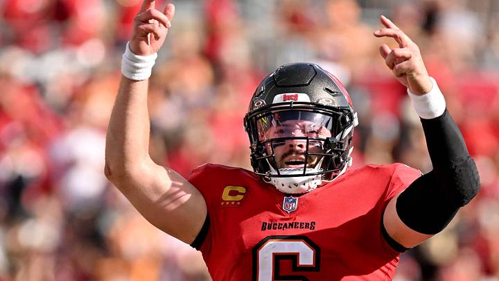 Jan 5, 2025; Tampa, Florida, USA; Tampa Bay Buccaneers quarterback Baker Mayfield (6) celebrates after throwing a touchdown pass in the second half against the New Orleans Saints at Raymond James Stadium. Mandatory Credit: Jonathan Dyer-Imagn Images