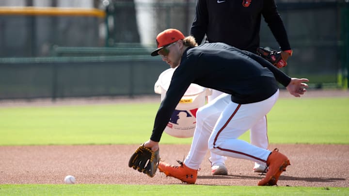 Orioles infielder Gunnar Henderson fields a ground ball during drills on Tuesday. The Baltimore Orioles held their first full-squad workout of the 2025 spring training season on Tuesday, Feb. 18th in Sarasota, Florida.