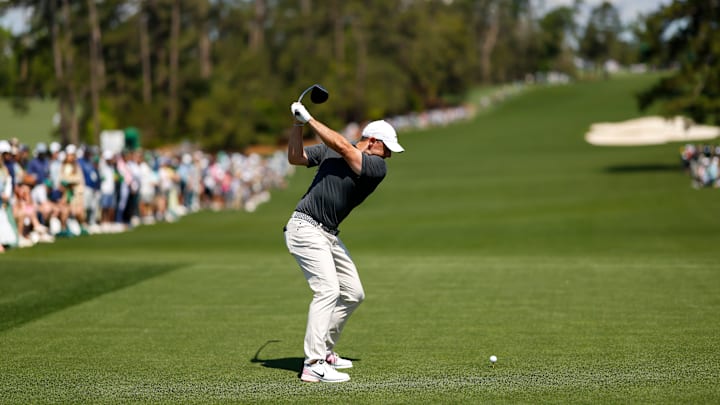 Rory McIlroy tees off during the second round of the 2025 Masters at Augusta National