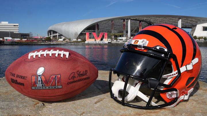 Feb 8, 2022; Inglewood, CA, USA; A Cincinnati Bengals helmet is seen with a Wilson NFL official Duke