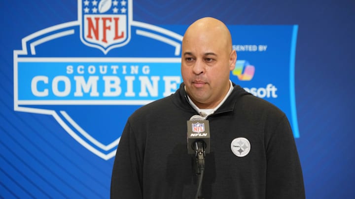 Feb 25, 2025; Indianapolis, IN, USA; Pittsburgh Steelers general manager Omar Khan speaks during the NFL Scouting Combine at the Indiana Convention Center. Mandatory Credit: Kirby Lee-Imagn Images