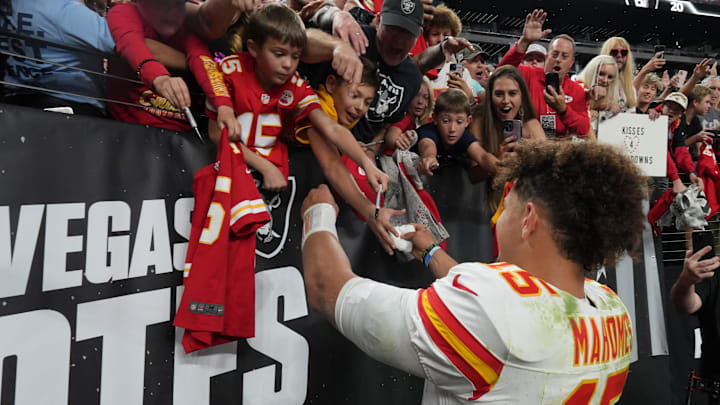 Oct 27, 2024; Paradise, Nevada, USA; Kansas City Chiefs quarterback Patrick Mahomes (15) interacts with fans after the game against the Las Vegas Raiders at Allegiant Stadium. Mandatory Credit: Kirby Lee-Imagn Images