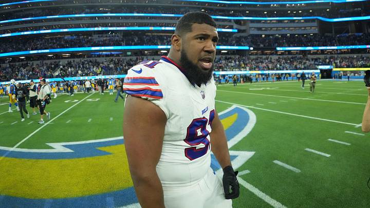 Dec 23, 2023; Inglewood, California, USA; Buffalo Bills defensive tackle Ed Oliver (91) reacts after the game against the Los Angeles Chargers at at SoFi Stadium. Dec 23, 2023; Inglewood, California, USA; Buffalo Bills defensive tackle Ed Oliver (91) reacts after the game against the Los Angeles Chargers at at SoFi Stadium.