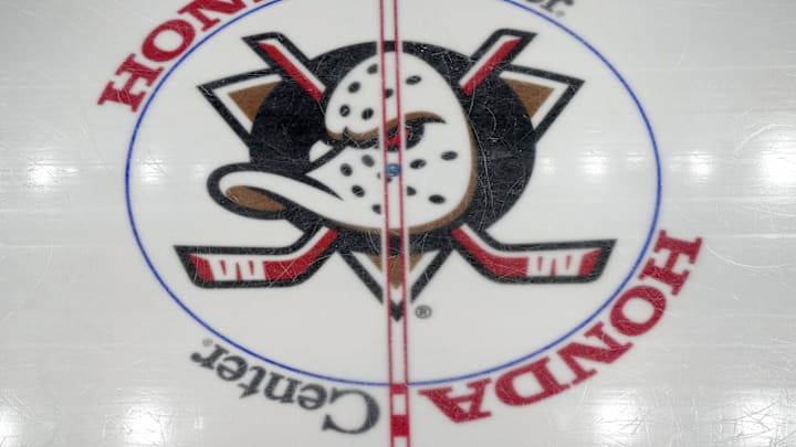 Apr 13, 2025; Anaheim, California, USA; The Anaheim Ducks logo at center ice at Honda Center. Mandatory Credit: Kirby Lee-Imagn Images