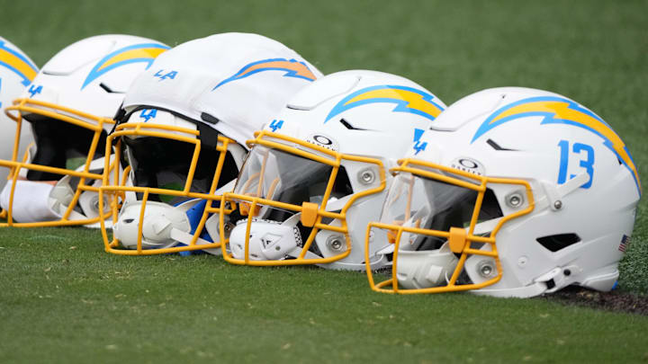 Jul 21, 2025; El Segundo, CA, USA; Los Angeles Chargers helmets at training camp at The Bolt. Mandatory Credit: Kirby Lee-Imagn Images