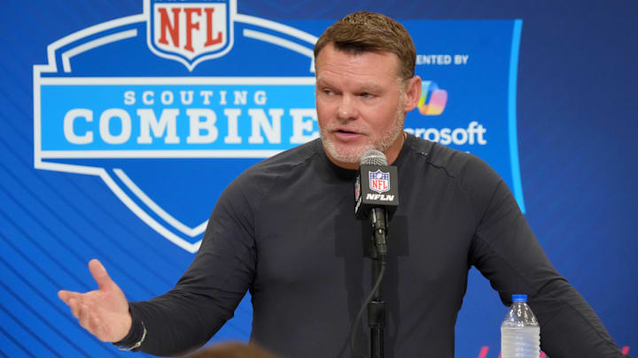 Feb 25, 2025; Indianapolis, IN, USA; Indianapolis Colts general manager Chris Ballard speaks during the NFL Scouting Combine at the Indiana Convention Center. Mandatory Credit: Kirby Lee-Imagn Images