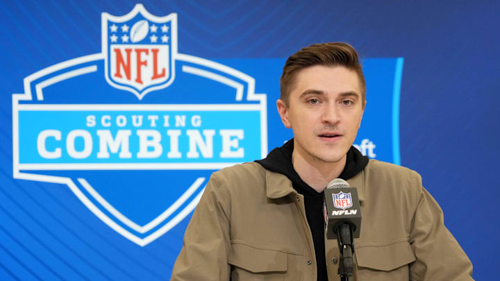 Feb 25, 2025; Indianapolis, IN, USA; Jacksonville Jaguars general manger James Gladstone speaks during the NFL Scouting Combine at the Indiana Convention Center. Mandatory Credit: Kirby Lee-Imagn Images Feb 25, 2025; Indianapolis, IN, USA; Jacksonville Jaguars general manger James Gladstone speaks during the NFL Scouting Combine at the Indiana Convention Center. Mandatory Credit: Kirby Lee-Imagn Images