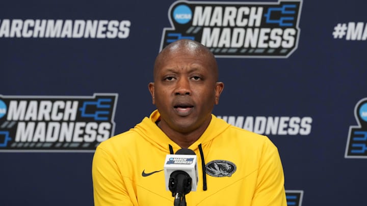 Mar 19, 2025; Wichita, KS, USA; Missouri Tigers head coach Dennis Gates at press conference at Intrust Bank Arena. Mandatory Credit: Kirby Lee-Imagn Images