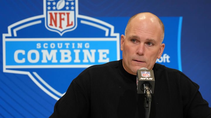 Baltimore Ravens general manager Eric DeCosta speaks during the NFL Scouting Combine. Baltimore Ravens general manager Eric DeCosta speaks during the NFL Scouting Combine.