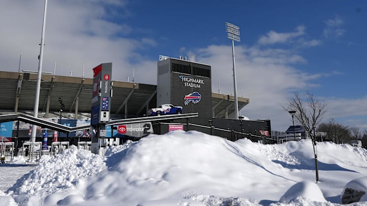 Snow outside of Highmark Stadium during the 2024 AFC wild card game between the Pittsburgh Steelers and the Buffalo Bills. 