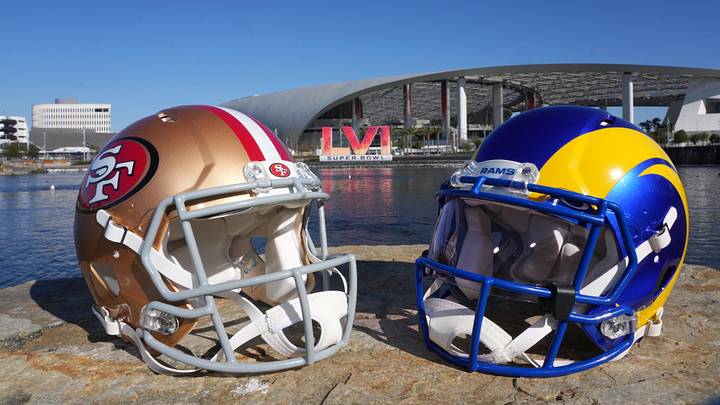 The helmets of the San Francisco 49ers and the Los Angeles Rams The helmets of the San Francisco 49ers and the Los Angeles Rams