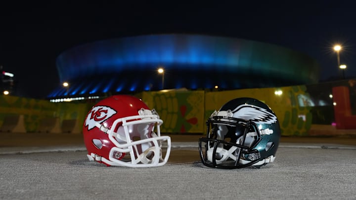 Feb 5, 2025; New Orleans, LA, USA; Kansas City Chiefs and Philadelphia Eagles helmets at the Caesars Superdome prior to Super Bowl LIX. Mandatory Credit: Kirby Lee-Imagn Images