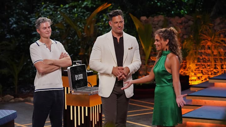 DEAL OR NO DEAL ISLAND -- "Trust Fall" Episode 205 -- Pictured: (l-r) "Dr. Will" Kirby, Joe Manganiello, Maria-Grace Cook -- (Photo by: Monty Brinton/NBC)